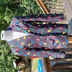 Men's Christmas jacket, black w light bulbs pattern, red lining, Dec 25th, sz S